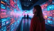 © Viktor - Woman watches bright digital data screens in futuristic corridor. People walk in glowing tunnel with colorful abstract information walls. Tech data flow concept.