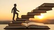 © M Fahad - A silhouette of a person steadily ascending a staircase constructed from stacked books, illustrating the journey of continuous education and personal development.