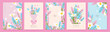 © Liliya - Set of Mother's Day card templates in soft pastel flat style with spring wildflowers, daisies and lavender. Collection with delicate bouquets. Elegant layouts for greetings, invitations, print