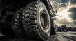 © Viktoryia - Extreme low angle close-up of massive muddy tires on a giant mining dump truck. Heavy duty industrial machinery in an open pit quarry under a dramatic sunlit sky, conveying raw power