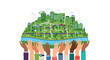 © Nure - Multiple diverse hands support a lush green sustainable city featuring wind turbines and solar panels above a flowing blue river on a white background.