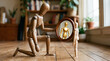 © The Stock Hub - A wooden mannequin kneels to admire a golden reflection in a mirror held by another mannequin in a cozy room.