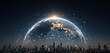 © SKIMP Art - the earth with city lights glowing in silhouettes, connected by network lines forming global connections and business exchange between cities Generative AI