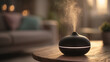 © Lemonkey - Black aroma diffuser releasing gentle mist on wooden table in cozy living room, warm soft light creating relaxing wellness atmosphere and home comfort.