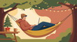© reveriee - Man Working on Laptop in Hammock Under Trees with Festive Decor
