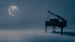 © SirArbusto - Moonlit Melody: A grand piano, poised in the misty embrace of twilight, is silhouetted against a full moon, creating a scene of serene musicality and atmospheric allure.
