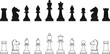 © MDRAKIB - Full chess pieces collection silhouette and outline, black white vector icons, classic strategy board game elements isolated design set