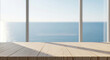 © Arifbudiman - Sunny wooden table top with a view of the sea through a large window creating a serene coastal atmosphere and bright ambiance