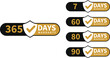 © AZstudio - A minimalist and elegant vector icon set of warranty shields with checklist labels. Black and gold. Day counts: 7, 30, 60, 80, 90, 365. Vector eps.