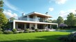 © Abby - Casa de luxo moderna com jardim verde, piscina e varanda envidraçada sob céu azul — conceito mercado imobiliário e arquitetura contemporânea