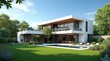 © Abby - Casa de luxo moderna com jardim verde, piscina e varanda envidraçada sob céu azul — conceito mercado imobiliário e arquitetura contemporânea