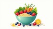© Abby - Ilustração flat design de tigela colorida com frutas, vegetais e grãos saudáveis em fundo branco — conceito alimentação saudável