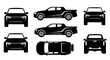 © Noriva - Pickup Truck Silhouettes: Front, Side, Top Views - Black and White