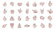 © Sri Rejeki - Cartoon Hand Gesture Set Cute Colored Vector Icon Collection. Thumbs up, pointing, peace, OK gesture, handshake, praying hands, heart symbol, and communication gestures.