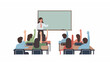 © MdShohagAhammad - Teacher in classroom with students raising hands vector education learning illustration