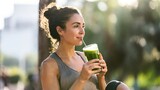 Woman drinking green smoothie with joyful relaxed expression