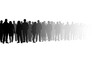 © LangkahKaki - Silhouettes of a large crowd of people standing in a line, fading into white.