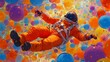 © Rudro - Astronaut in bright orange spacesuit floating among many colorful floating spheres in space
