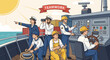 © Andi - Diverse maritime crew working together on ship deck, teamwork and cooperation concept.