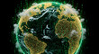 © Usman's Studio - Digital planet earth globe with green binary code data particles, global networking technology and international communication infrastructure in cyberspace world map background.