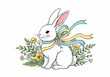 © FRIDA STORE - vector illustration of a cute white rabbit with a bow adorned with spring flowers, perfect for Easter and nature themes