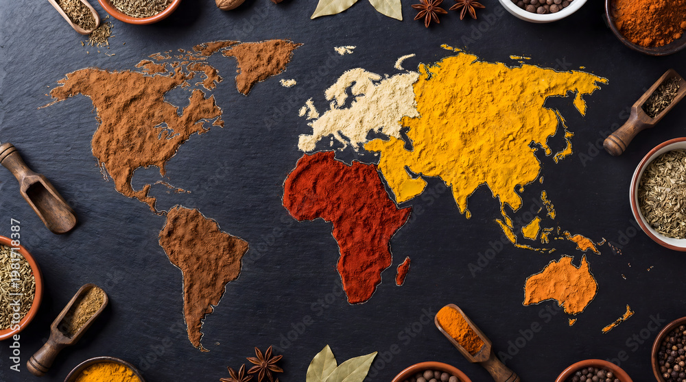 World map showing global spice trade and culinary diversity Stock Photo ...