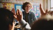 © bborriss - Smiling teacher greets cheerful elementary school students raising hands in classroom