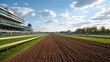 © Pixelzone - Stunning photo of horse racetrack with a well-maintained dirt track, surrounded by green grass, grandstands, and a vibrant atmosphere, capturing the excitement and tradition of.