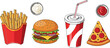 © MDIMRAN - Classic fast food meal illustration featuring a burger, fries, drink, and pizza slice Vector