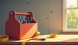 © Julia - toolbox containing various tools and measuring tape on a wooden surface with natural light streaming through the window, concept DIY projects