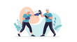 © Jasmin - Active senior man and woman practice boxing together with focus pads and gloves, demonstrating health fitness and vitality in their retirement.