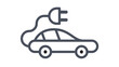 © Ahsan - Minimalist electric car vector icon illustration, black line art symbol of an EV vehicle with power plug and cable, sustainable transportation and green energy concept on white background.