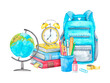 © Svetlana - Back to school. A bright composition of school supplies: a backpack, a stack of books, a globe, an alarm clock, pens, pencils, paper clips. Hand-drawn watercolor illustration.