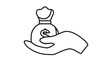 © Sanjida - Minimalist black line art vector icon illustration of a human hand holding a money bag with a dollar sign, symbolizing wealth, investment, banking, savings, donation, and financial success.