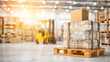 © mani - A warehouse interior with a pallet of wrapped goods and a forklift in the background