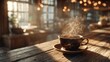 © 楠 刘 - Cozy coffee break with steaming cup of fresh coffee on wooden table in warm inviting café, soft natural light, gentle steam, comfortable relaxing atmosphere