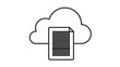 © Hania - Minimalist black line art vector icon of a document file overlapping a cloud symbol, representing cloud storage, digital archiving, online data management, and remote file backup services.