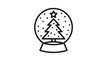© Sana - Black line art vector icon of a Christmas snow globe featuring a decorated pine tree with a star on top and falling snow inside, minimalist holiday symbol for winter season designs.