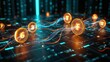 © Md Tanvir Hossain - Digital cryptocurrency coins with glowing network lines and data flow on dark tech background.