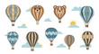 © Shipon - Colorful hot air balloons in diverse patterns and some shaped like bear heads floating in a clear sky with soft clouds and suns.