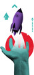 © ImageFlow - Collage of a purple rocket rising from a teal hand in a graphic pop style on a white background, illustrating an upward progress concept