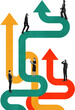 © ImageFlow - People standing on colorful curved arrows in collage style on white background, concept of business decisions and direction
