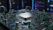 © Sohara - Microprocessor on a green printed circuit board in a blurred server environment