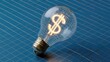 © Danil - A glowing light bulb with a dollar sign filament sits on a blue grid surface, symbolizing financial innovation and bright ideas.