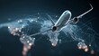 © vetrana - Airplane flying above a digital map of the world with bright lights showing connections in the evening sky