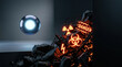 © Chopang.studio - Clean sphere left danger biohazard radiation toxic warning Futuristic metallic sphere hovering beside pile rubble debris glowing hazard signage, biohazard symbol, radiation icon, toxic warning