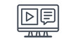© MstNasima - Minimalist black vector icon illustration of a computer monitor with a video play button and a chat speech bubble, symbolizing online education, webinars, video tutorials, and digital communication.