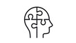 © AMIN SUMON - Minimalist black line vector icon of a human head profile silhouette made of four interlocking puzzle pieces, symbolizing mental health, psychology, logic, problem solving, and cognition.