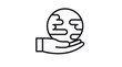 © Saima - Minimalist black line art vector icon of a human hand holding the planet Earth globe, representing environmental protection, global sustainability, world unity, and ecology concept illustration.