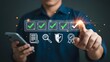 © Nirmal - Man points at a virtual checklist with green checkmarks and quality icons.